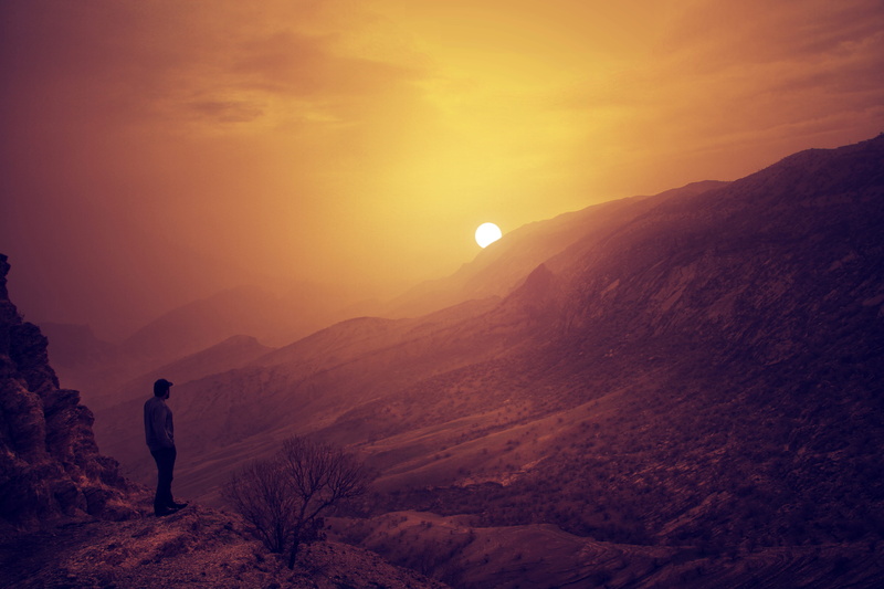 tranquil scene, nature, person, scenics - nature, landscape, vacations, mountain, tranquility, leisure activity, sun, dirt road, cliff, human, real people