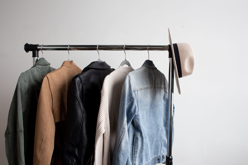 studio shot, fashion, in a row, button down shirt, variation, textile, accessories, one, coat hook, jeans, jacket, cowboy, pants, blazer, furniture, hat