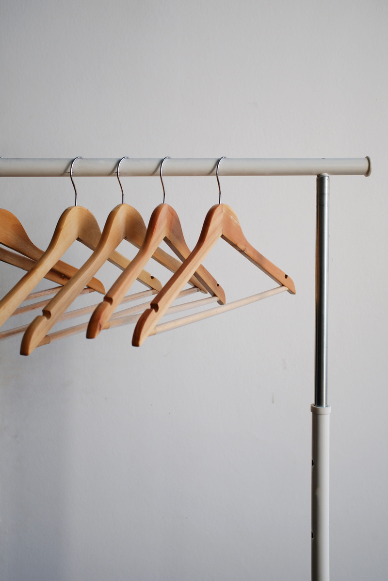 gray, coathanger, coat hook, hang, clothing, wood, empty, furniture, hanging, side by side, closet, absence, metal, order, studio shot, wall - building feature