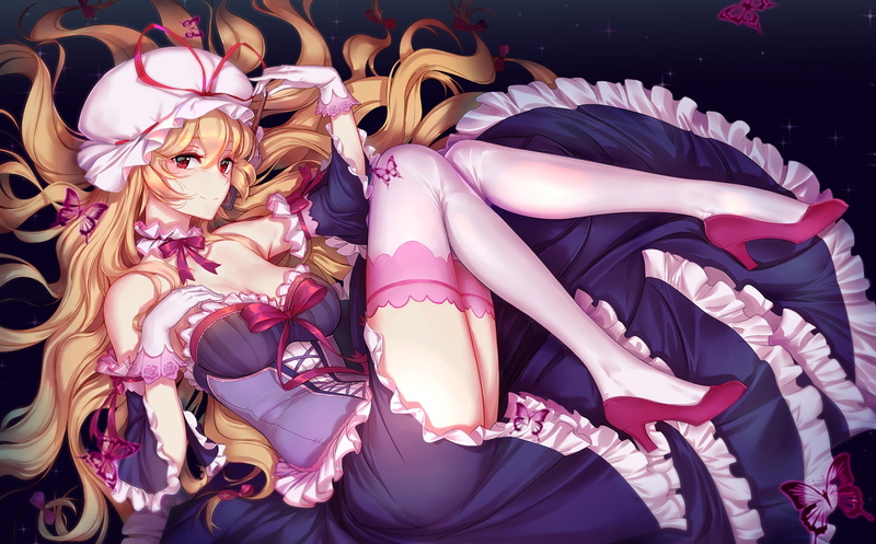 touhou, gloves, multi colored, fashion, art and craft, human representation, blonde, 1080P, Anime, choice, representation, lying down, dress, variation