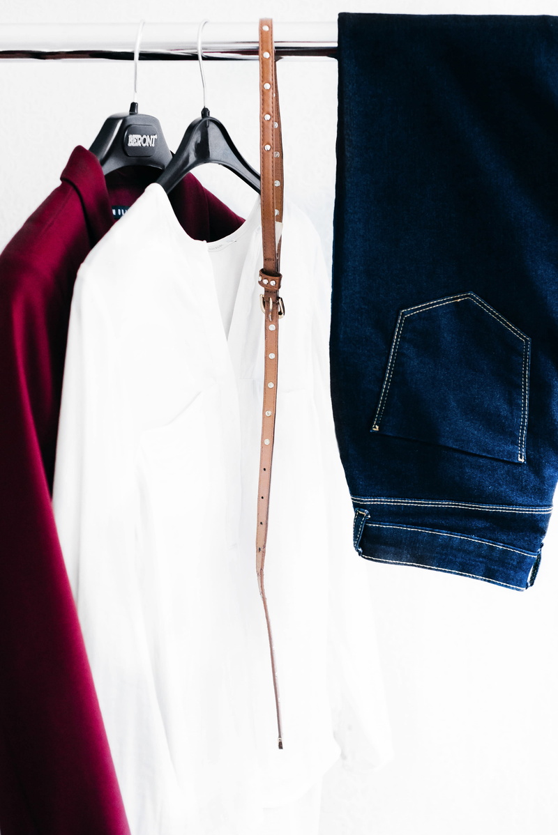 leather, white color, clothing, button down shirt, sleeved, closet, variation, two, fashion, menswear, indoors, no people, still life, rack, brown, 5K