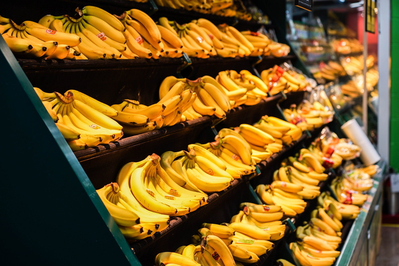 in a row, food, fruit, for sale, Stores, order, rack, arrangement, goods, market, sell, yellow, variation, large stores, Bananas, choice, indoors, retail display