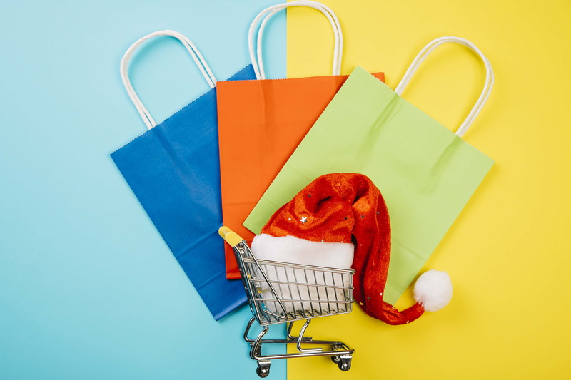 shopping, consumerism, paper, supermarket, shopping cart, food, bag, cut out, studio shot, multi colored, store, blue, colored background, commercial, paper bag