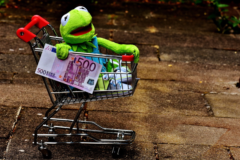 banknote, outdoors, focus on foreground, trolley, no people, Kermit, money, communication, shopping, text, Frog, retail, muppets, cheap, toy, market, funny
