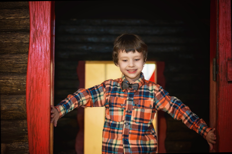 checked pattern, front view, 6 years, wood - material, sale, boys, stock, males, christmas, plaid shirt, house, shop, portrait, casual clothing, boy, brown hair