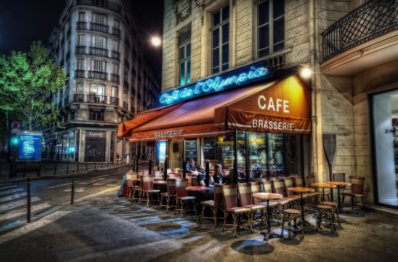 restaurant, people, outdoors, street, Paris, building Exterior, dusk, urban Scene, motion, seat, uSA, capital, awning, France, nightlife, pub, city Life