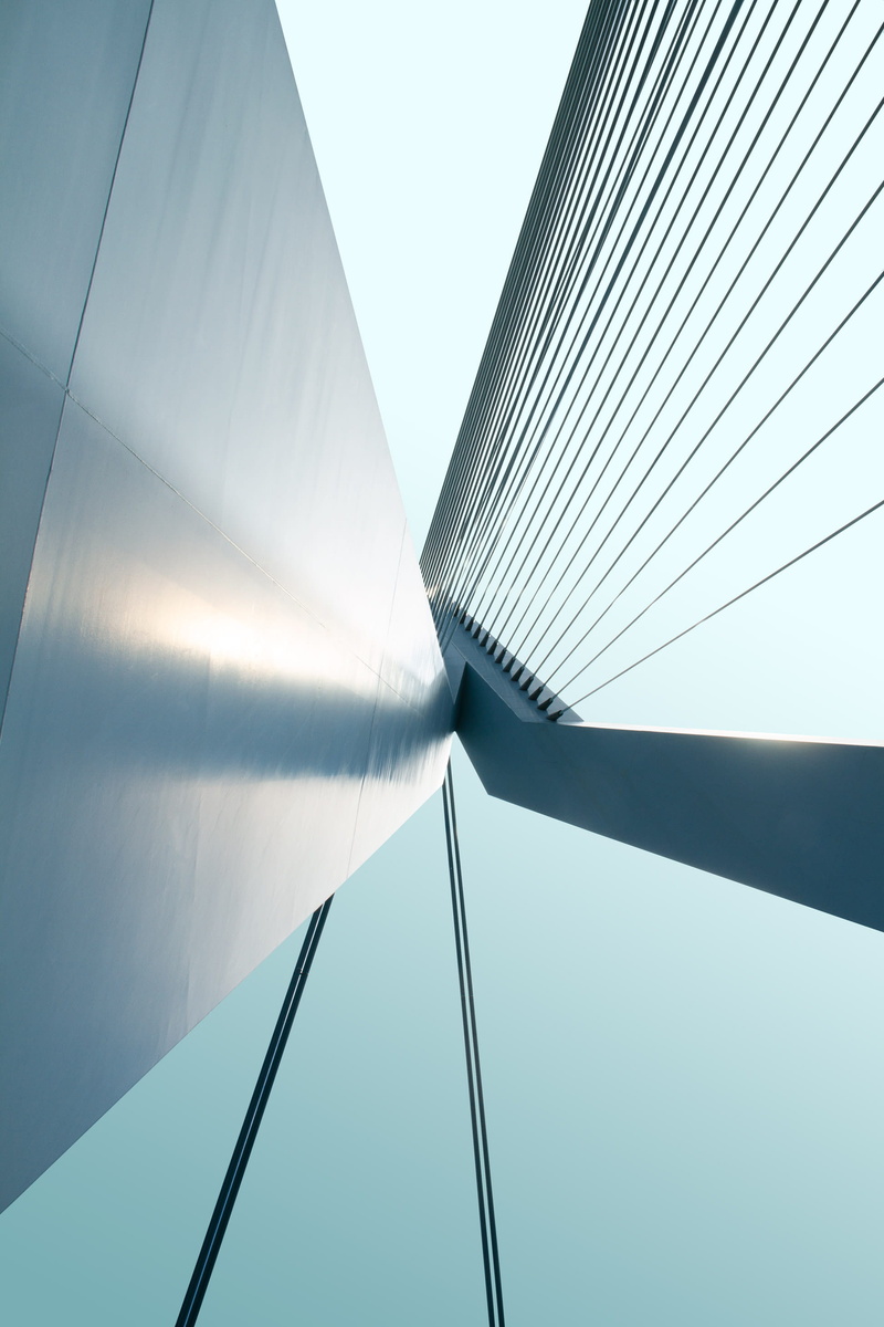 built structure, no people, bridge, structure, 2K, blue, abstract, sharp, awning, directly below, day, modern, rotterdam, skyscraper, low angle view, building