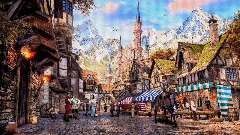 1080P, Painting, Awning, Artistic, Market, Mountain, Town, House