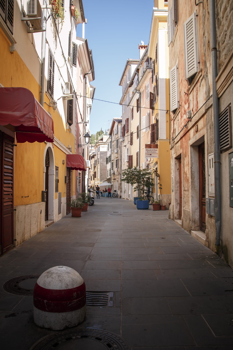 street, transportation, blue, narrow, europe, piran, built structure, bright, clear, slovenia, building exterior, urban, the way forward, terra cotta, buildings