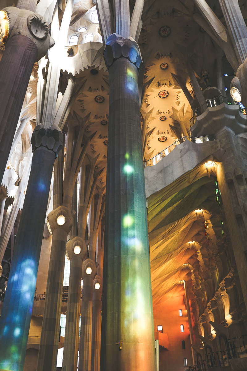 light, religion, art and craft, architecture, sagrada familia, belief, indoors, spirituality, place of worship, travel destinations, lighting equipment
