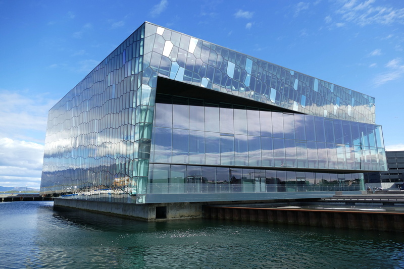 glass - material, Reykjavik, reflection, 5K, architecture, building exterior, Harpa, nature, low angle view, sea, places of interest, capital, transportation