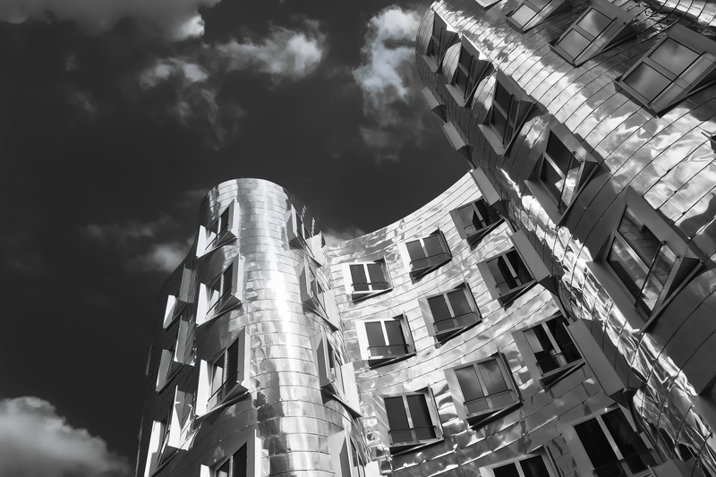 residential district, day, modern, landmark, gehry buildings, outdoors, rhine river, 4K, urban landscape, black and white, facade, sunlight, building exterior