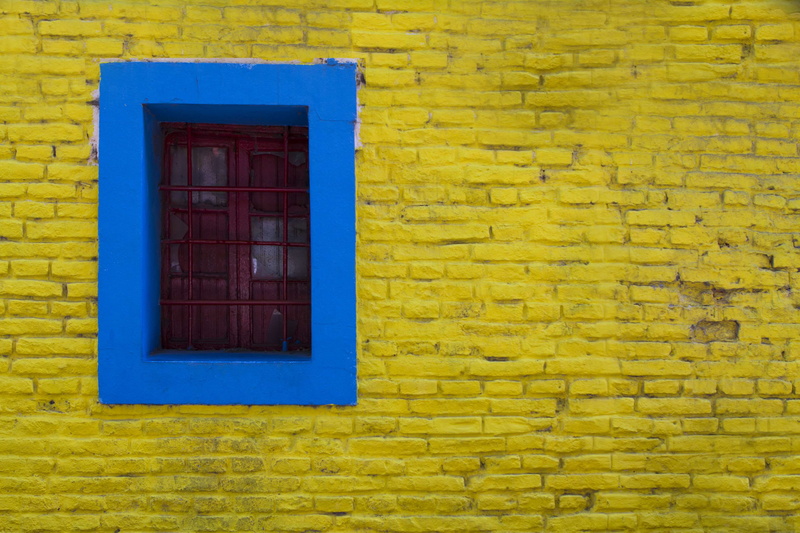 old, brick, wall - building feature, caminito, brick wall, building exterior, vibrant color, window frame, house, blue, window, yellow, building, built structure