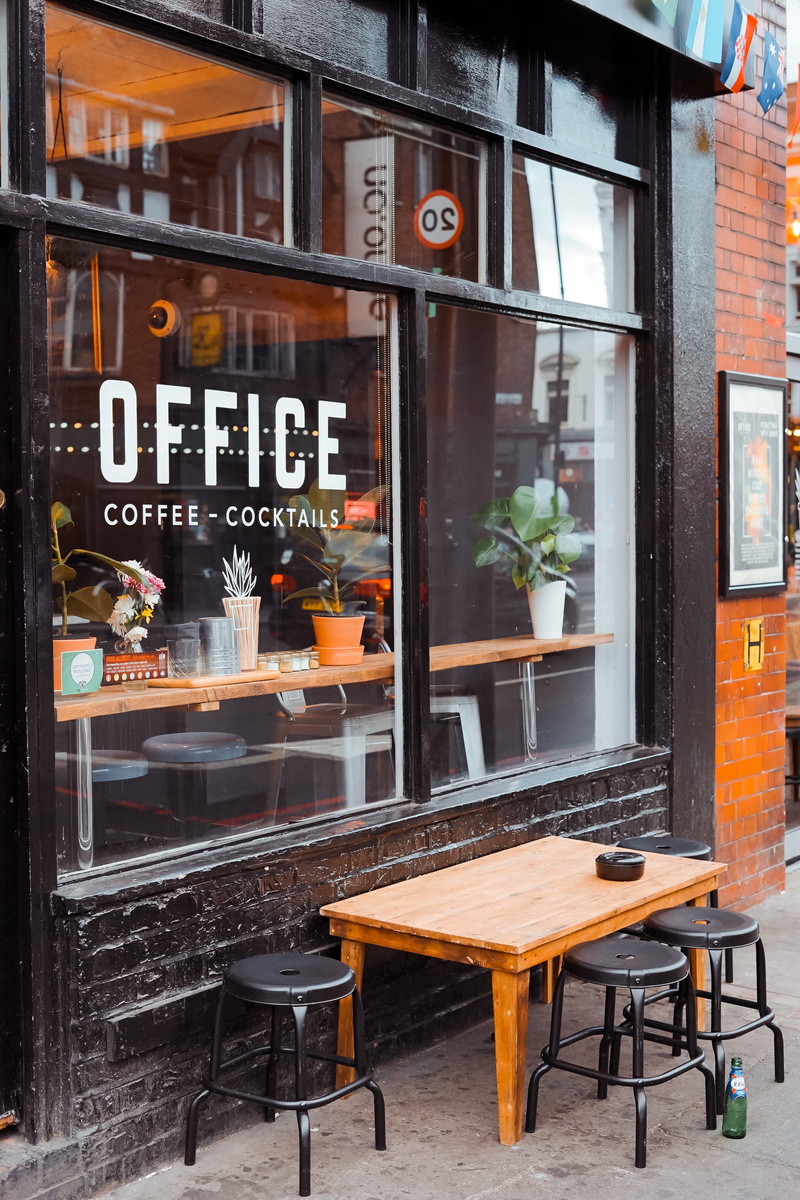 coffee shop, no people, day, text, building exterior, city, facade, food and drink, menu, london, seat, business, pottery, vase, window shop, cafe, window