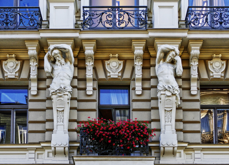riga, house facade, window, art nouveau, human representation, baltic states, old town, architecture, petaled, playful, 4K, place of worship, statue, front