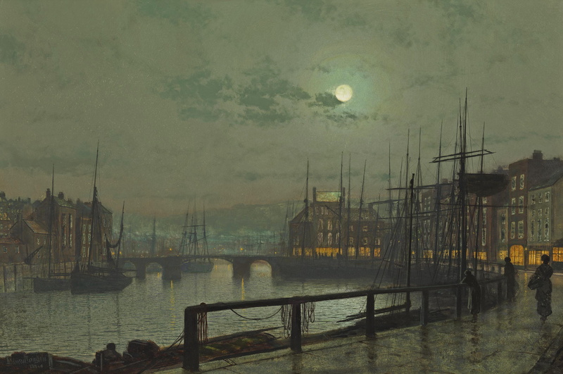 picture, home, bridge, river, promenade, John Atkinson, the moon, 1080P, ship, clouds, Whitby, boat, people, the sky