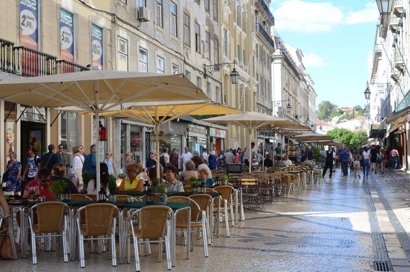 cafe, table, built structure, city life, building, street, front, Lisbon, painted, seat, sidewalk cafe, people, Portugal, low, outdoors, large group of people