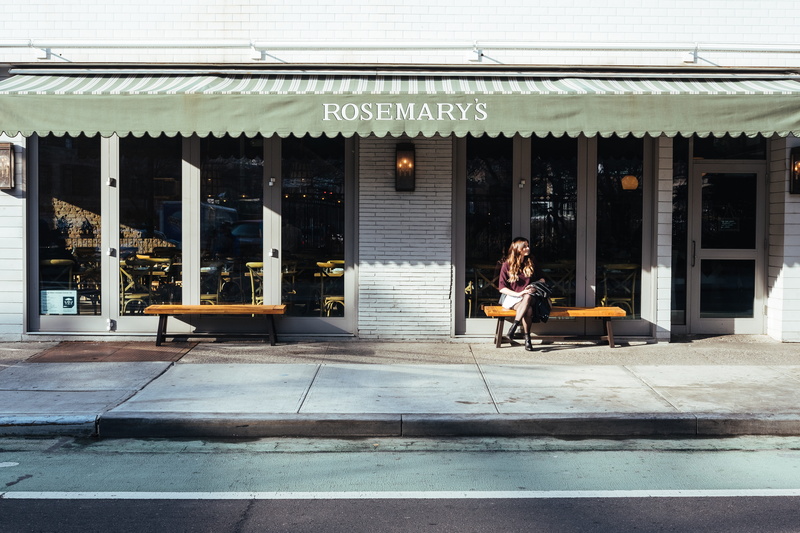 alone, bench, street view, one person, women, lifestyles, building, city, front, outdoors, sitting, pavement, sitting on bench, 5K, facade, adult, architecture