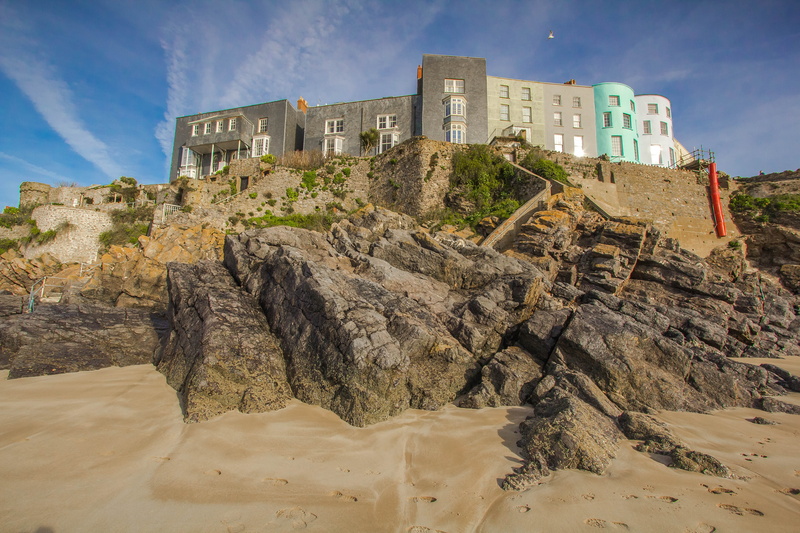 rock, ancient, land, building, travel destinations, building exterior, houses, cloud - sky, wales, built structure, sunlight, reef, buildingsd, tenby, architecture