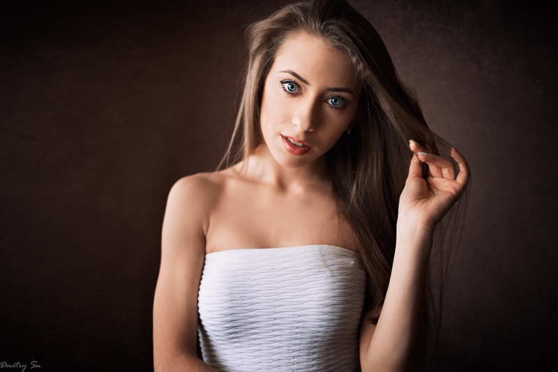 strapless, Dmitry Shulgin, beauty, simple background, one person, black background, human face, contemplation, glamour, portrait, adult, face, Victoria (model)