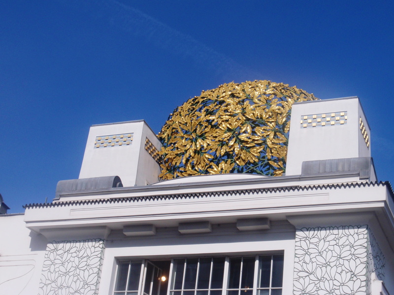 no people, low angle view, blue, sky, art nouveau, window, belief, sunlight, klimt, travel destinations, clear sky, building, day, office building exterior