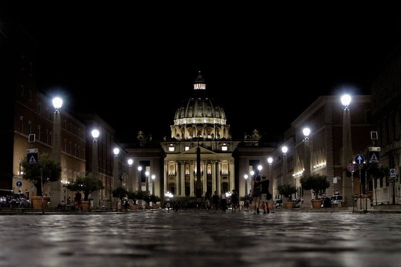 pope, travel, space, lights, church, night, street, surface level, tourism, 4K, building exterior, history, catholic, city life, rome, sky, incidental people