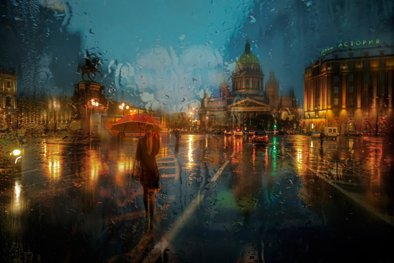 St. Isaacs square, rain, girl, umbrella, 1080P, Peter, St Petersburg