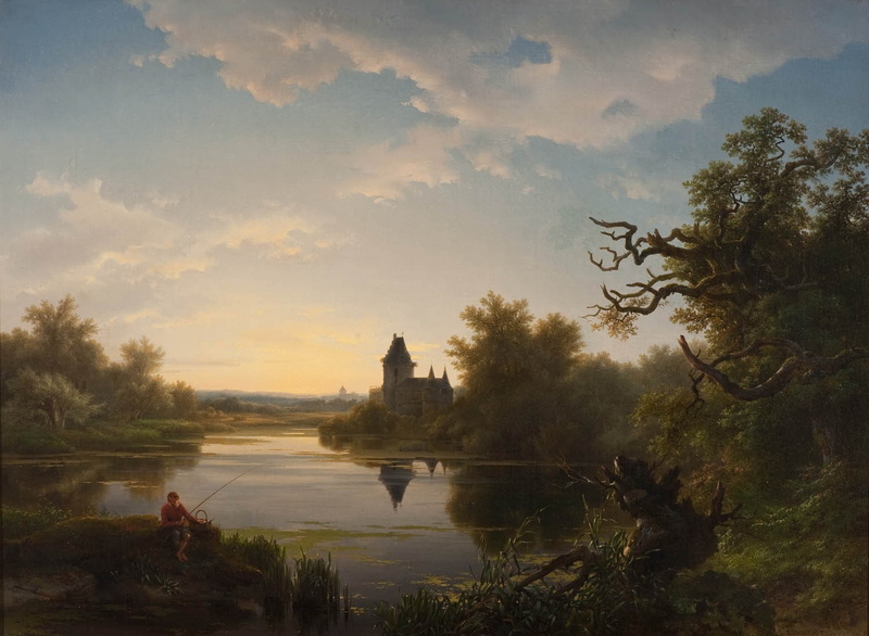 lake, 720P, trees, reflection, painting, building, classic art