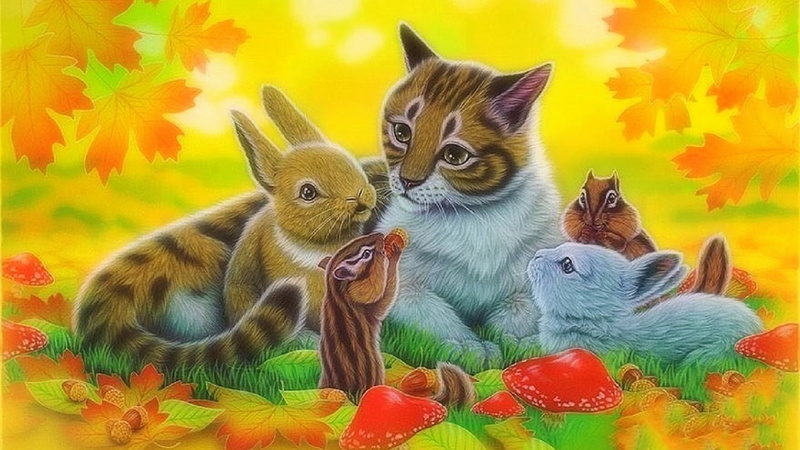 group of animals, Katze, celebration, cute, plant part, animal family, multi colored, yellow, holiday - event, autumn, vertebrate, nature, no people, animal