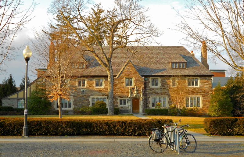 center, built structure, college, princeton, daytime, land vehicle, white, stationary, fall, street, outdoors, rack, sky, brown, overlooking, metal, trees