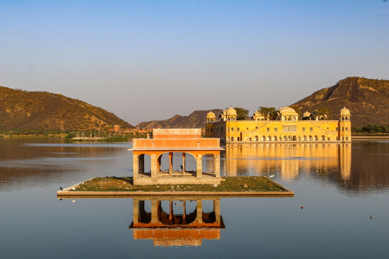 nature, history, day, travel destinations, sky, mood, jal mahal, travel, sunset, building, mirroring, the past, clear sky, mountain range, 5K, water, building exterior