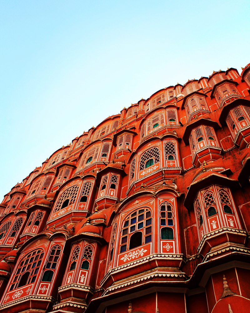 copy space, sunlight, nature, day, india, low angle view, window, the past, jaipur, culture, sky, red, pink, clear sky, hawa mahal, no people, pattern