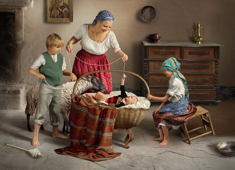 Dmitry Yanin, the spindle, children, people, boy, mother, chest, basket, house, the game, animal, 1080P, sheep, girl, the cradle, mom, family, woman, baby