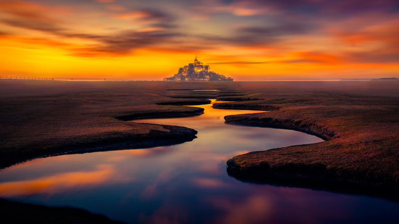 Religious, Mont Saint-Michel, River, 4K, Meander, Sunset, Sky