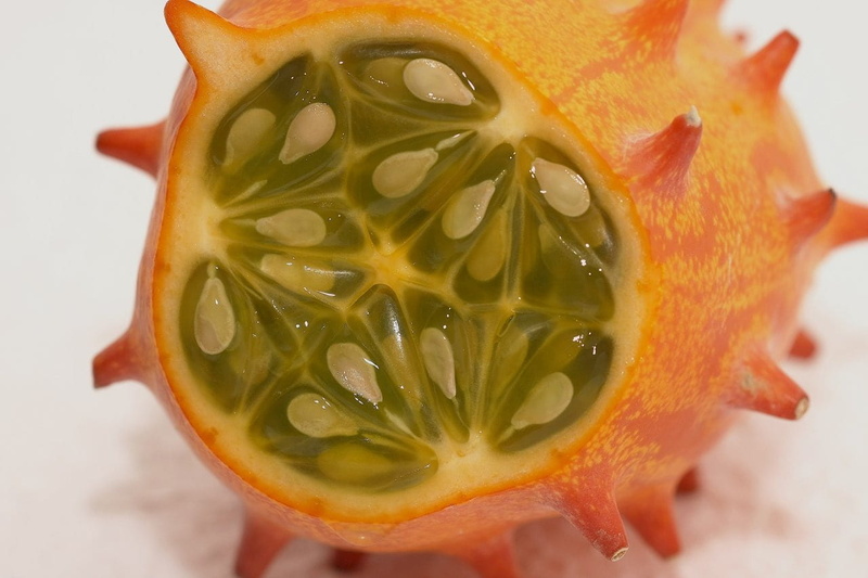 no people, indoors, 720P, pithy, slice, tropical, kiwano, vitamins, pulp, close-up, pumpkin, white background, exotic, healthy eating, refreshment, open