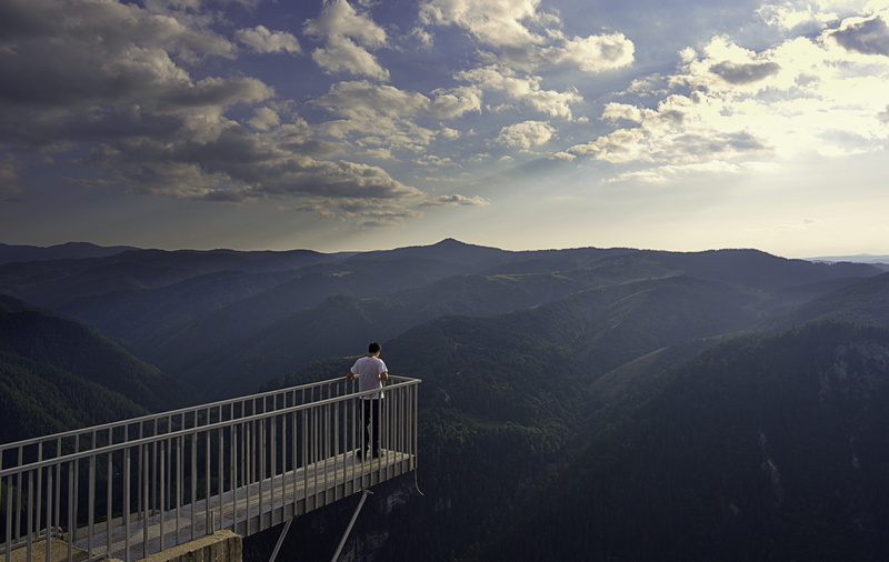 boy, one person, leisure activity, railing, men, 5K, forest, environment, real people, built structure, views, alone, bulgary, mountain range, tranquil scene