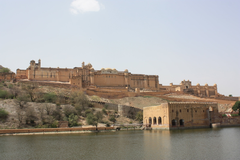 fort, travel destinations, clear sky, day, water, building exterior, plant, tourism, tree, sky, amber, travel, 4K, rajasthan, built structure, no people