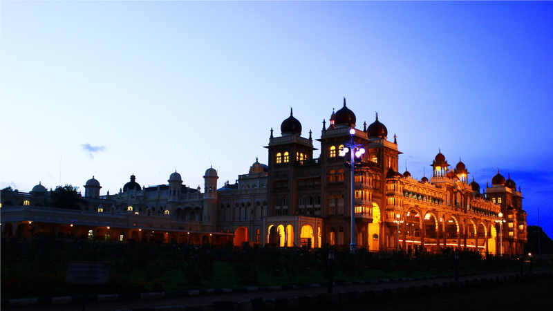 illuminated, travel destinations, travel, government, mysore palace, 5K, building, history, no people, tower, spire, the past, dusk, night, nature, architecture