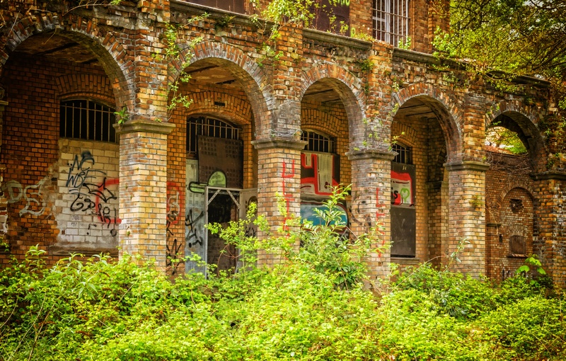 destroyed, brick, masonry, dilapidated, red, weathered, leaf, arched, stone wall, nature, growth, leave, history, built structure, travel destinations