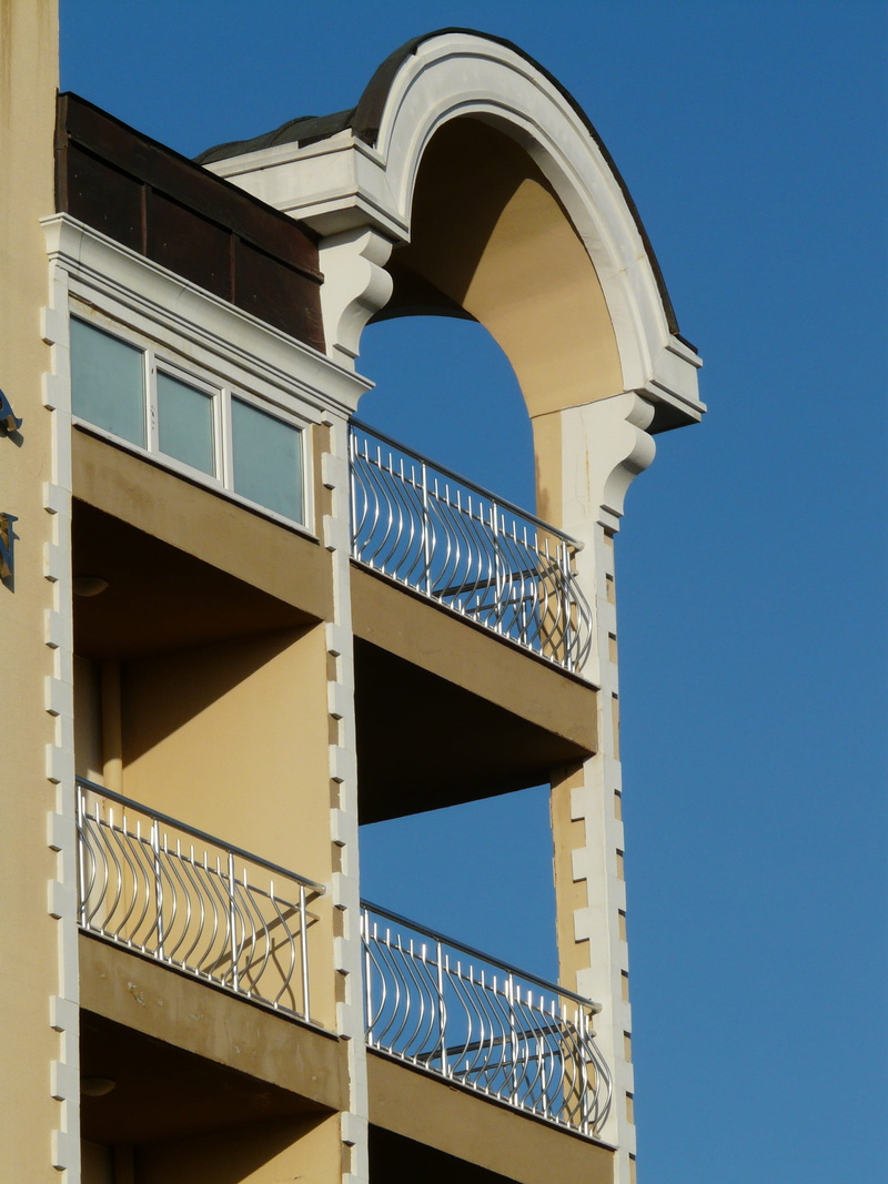travel destinations, Building, grid, home, stucco, nature, low angle view, Balcony, day, sky, outdoors, tourism, round arch, tower, building, copy space