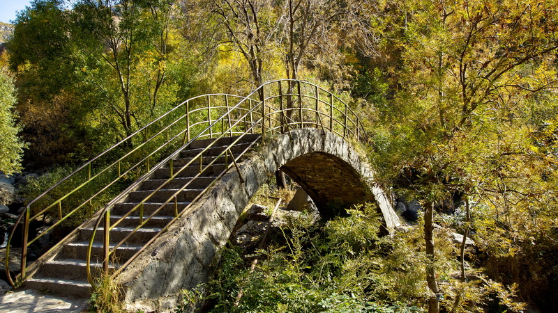 crossing, Metal, water, rock, forest, day, plant, outdoors, Stone, river, 5K, railing, stone, sunlight, flowing water, footbridge, arch bridge, Round