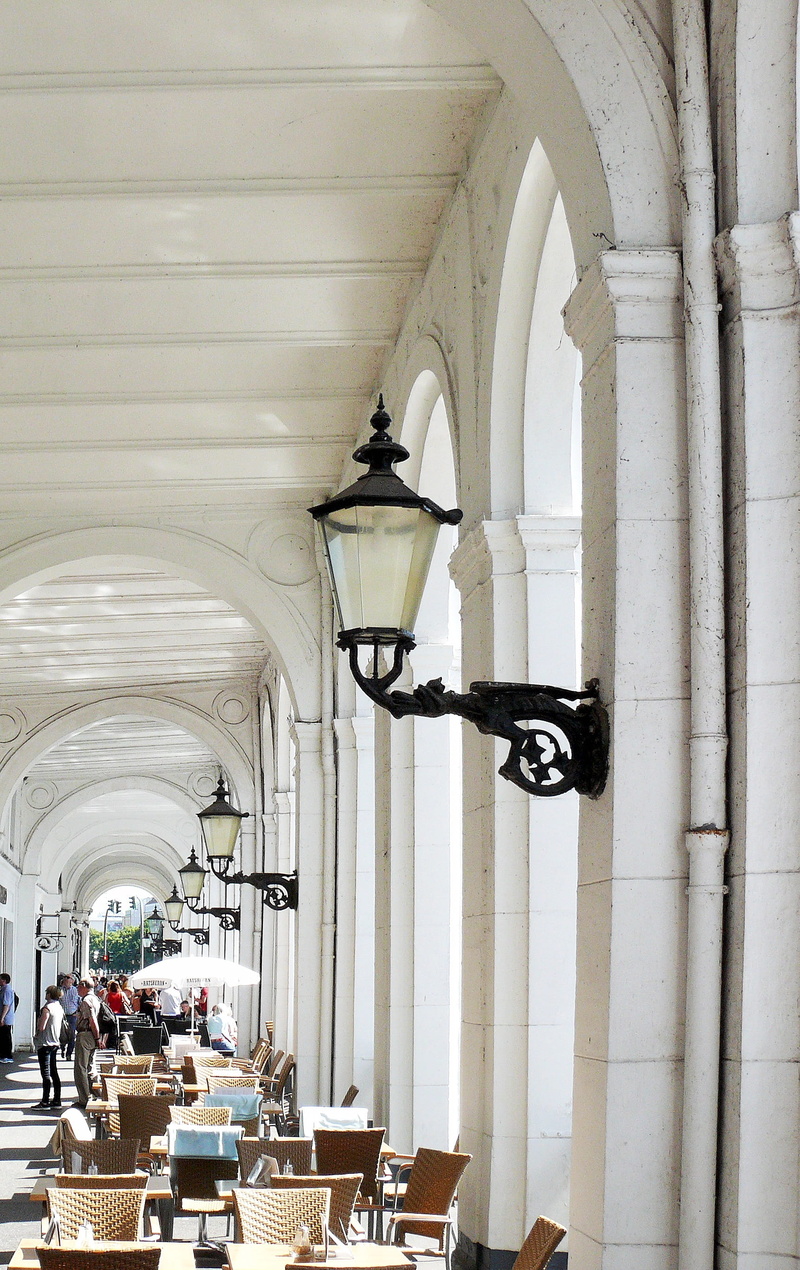 indoors, arches, alsterarkaden, the past, colonnade, day, vault, gang, ceiling, history, round arch, corridor, group of people, in a row, courtyard, building