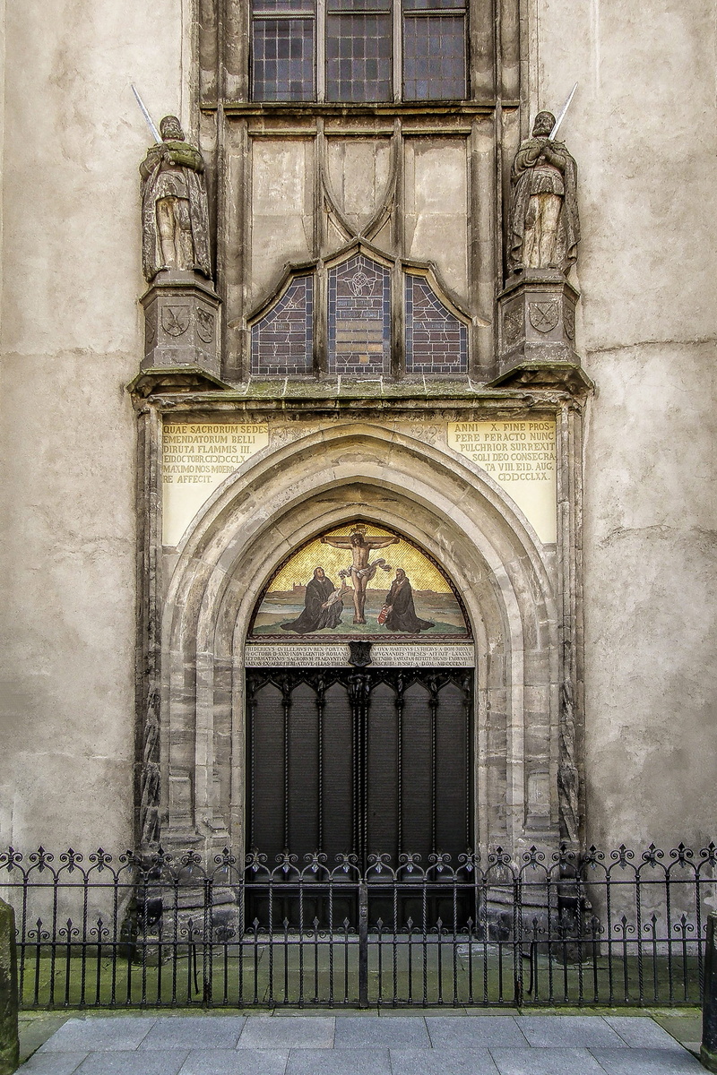 window, architecture, belief, Wittenberg, reformation, the past, door, entrance, steel, arch, luther bible, building exterior, facade, drainage, gray, day