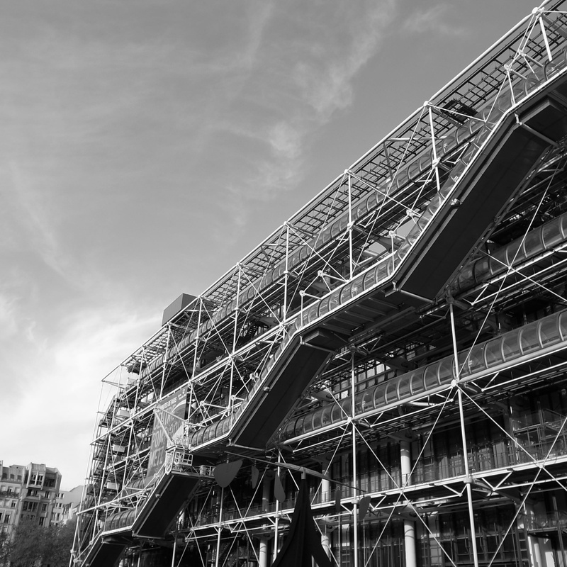bridge - man made structure, france, square, paris, pompidou centre, built structure, building exterior, fire escape, art gallery, metal, city, cloud - sky