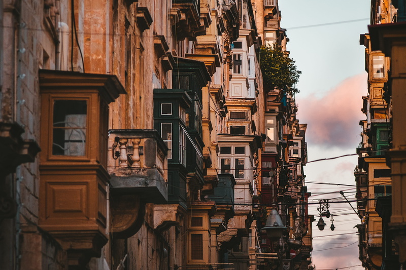 fire escape, street, balcony, buildings, valetta, apartment building, fujifilm x, metropolis, urban, no people, wood - material, built structure, day, architecture
