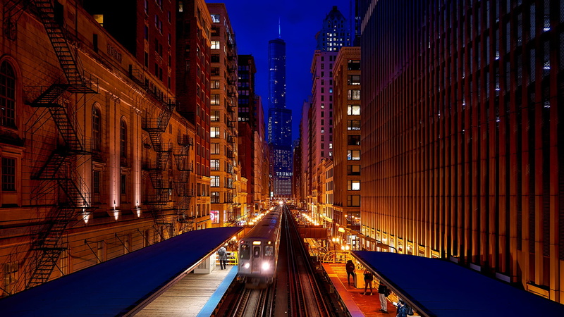 urban, architecture, lights, downtown, modern, outdoors, railway, tracks, grey, dusk, cityscape, bridge - man made structure, evening, office building exterior