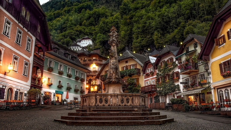 town, house, bench, angel, building, forest, evening, Hallstatt, lights, town square, architecture, sculpture, 1080P, Austria, old building