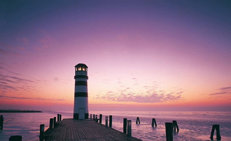 sunset, 1080P, black, structure, pretty, water, manmade, lighthouse, ocean, pink, beach, photography, dusk, white