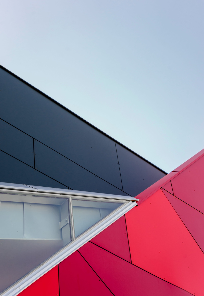 geometric, pattern, facade, reflection, red, nature, pink, geometry, cladding, clear sky, architecture, building exterior, wall - building feature, sunlight