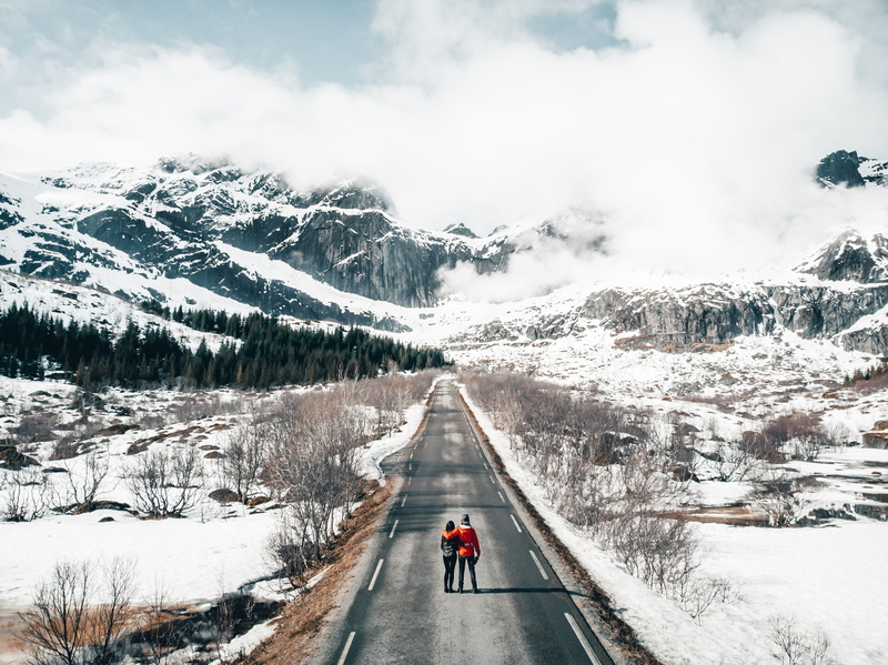 dji, rear view, travelling, roadtrip, leisure activity, cold temperature, beauty in nature, scenics - nature, winter, road, gray, top, two, day, norway